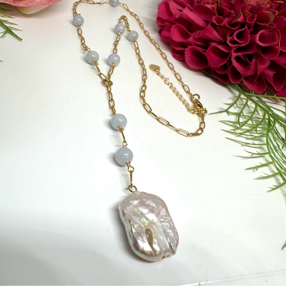 NEW⚜️Raw Aquamarine Baroque Pearl Lariat Necklace - Picture 4 of 8